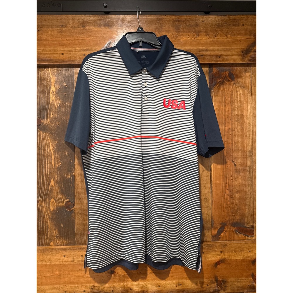 Adidas Mens USA Golf Polo Shirt Navy Blue White Striped Performance Large L